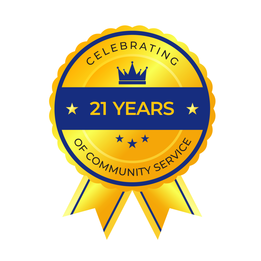 Celebrating 21 years of community service badge