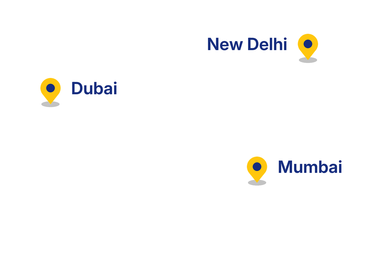 Map of TMT Logistics offices in New Delhi, Mumbai and Dubai